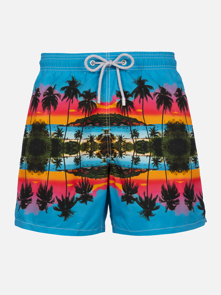 Man mid-length Gustavia swim-shorts with palms landscape placed print | AI CO-CREATED DESIGN BY RICKDICK - POWERED BY RED-EYE - MC2 Saint Barth