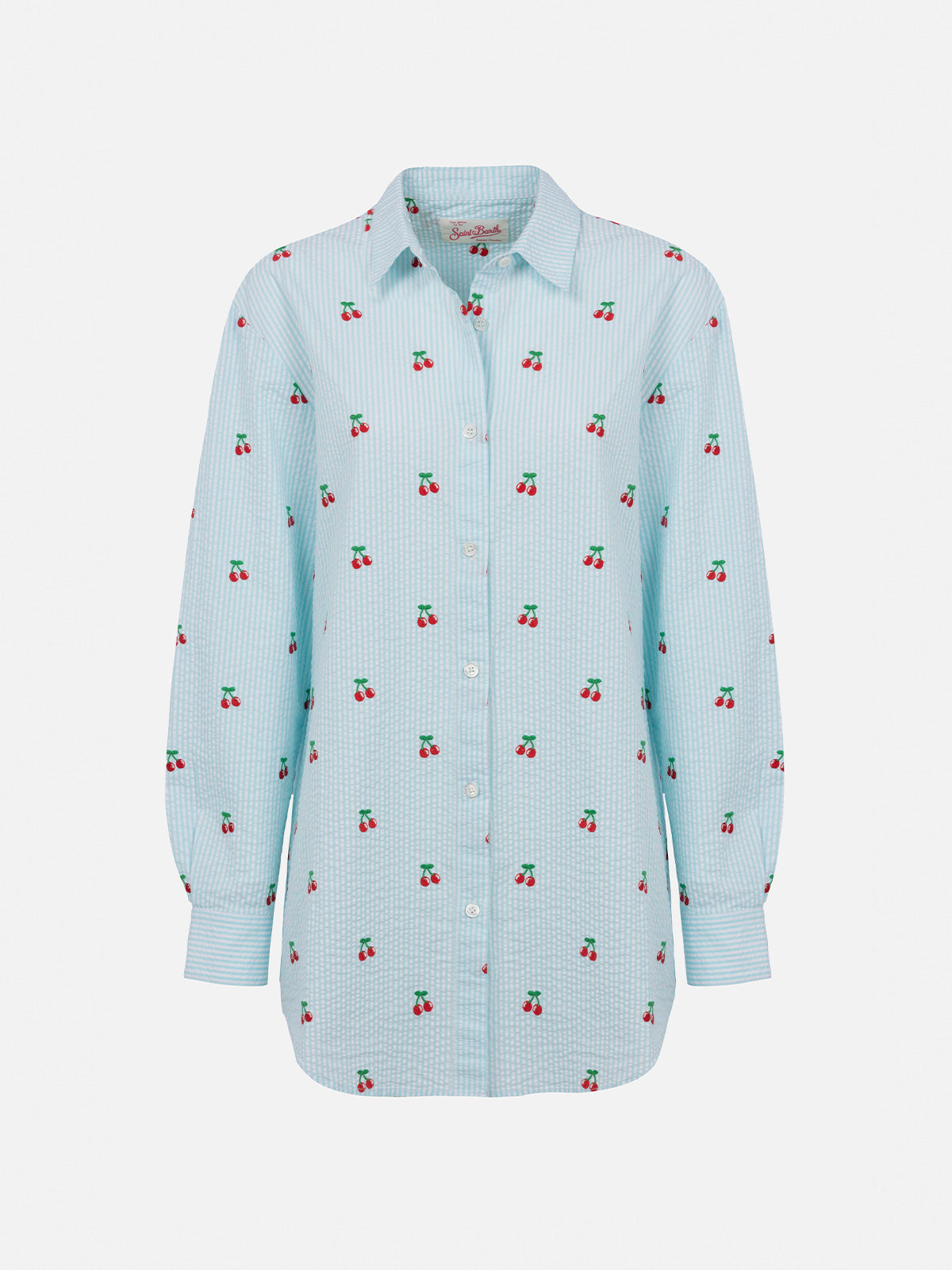 Camicia donna over Brigitte in cotone seersucker con patch ciliegie
