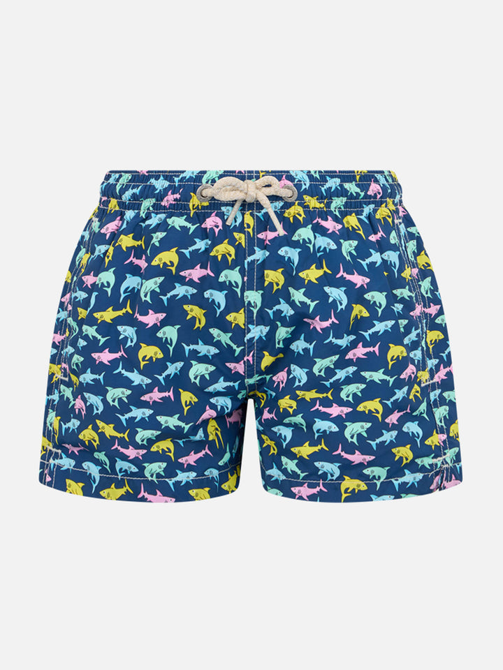 Boy lightweight fabric swim-shorts Jean Lighting with sharks print - MC2 Saint Barth