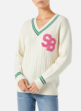 Maglione da donna scollo a v intrecciato con patch