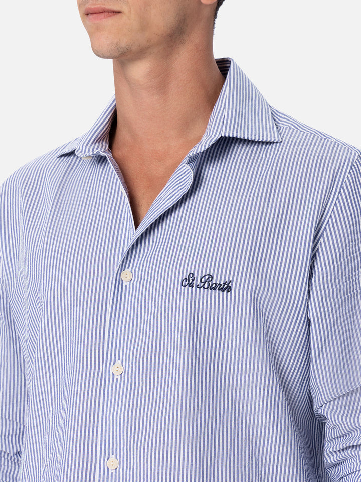 Man seersucker cotton shirt Pamplona with bluette stripes - MC2 Saint Barth