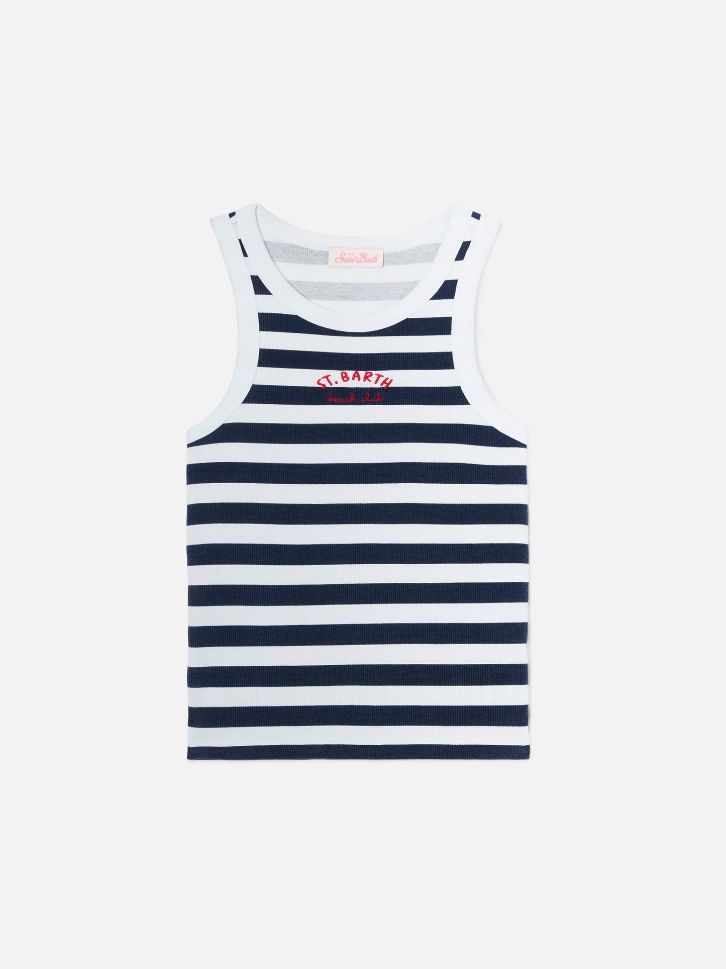 Blue striped Ada tank top with Beach Club embroidery