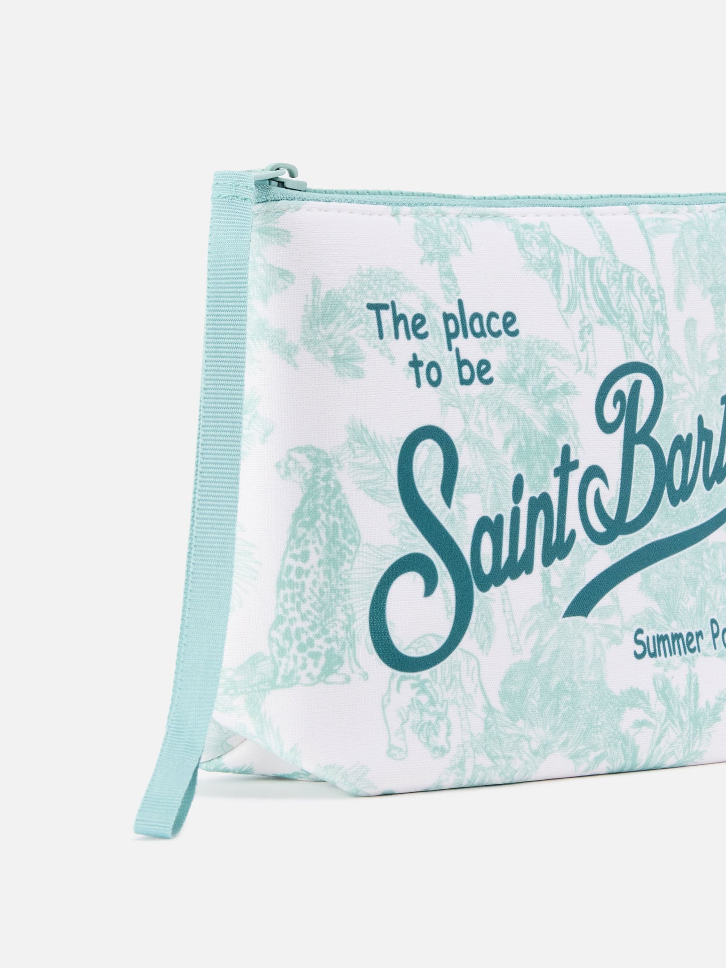 Aline scuba pouch with green Toile de Jouy print