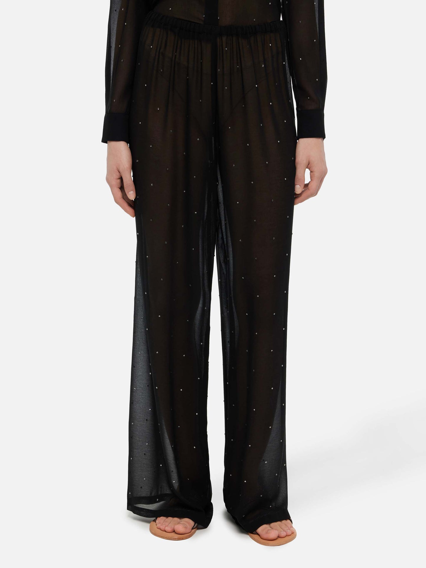 Amalia black wide-leg georgette trousers with rhinestone embellishment - MC2 Saint Barth