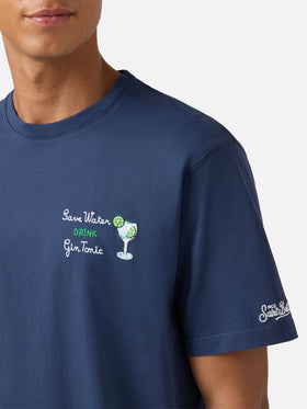T-shirt Arnott in cotone blu con ricamo Save water drink Gin Tonic