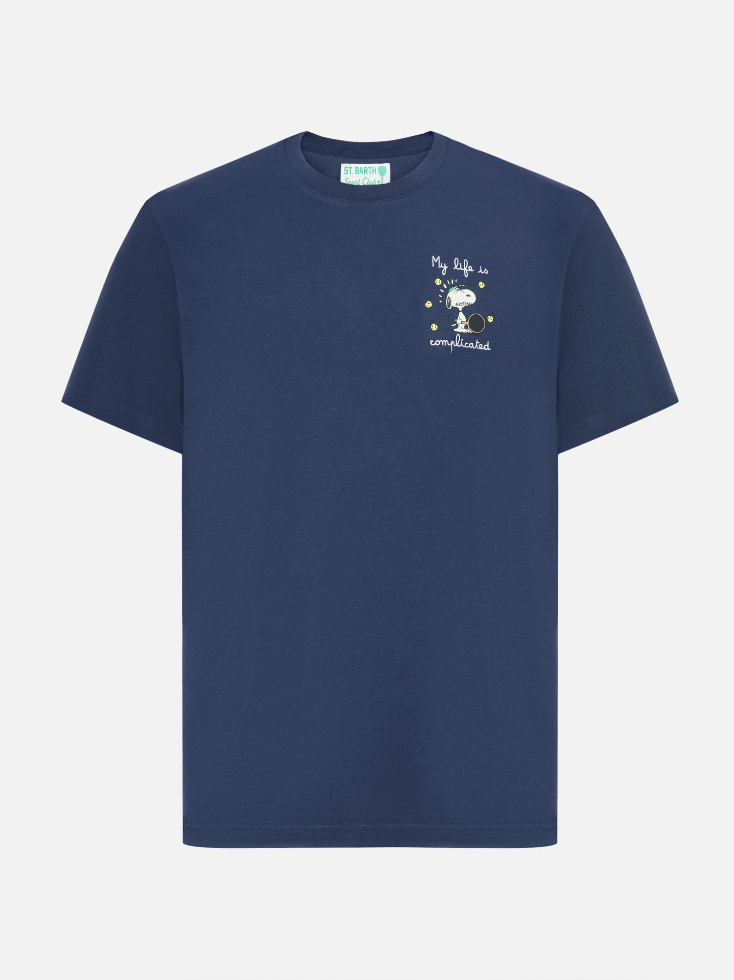 Arnott cotton T-shirt in blue with Snoopy My life is complicated embroidery | PEANUTS SPECIAL EDITION