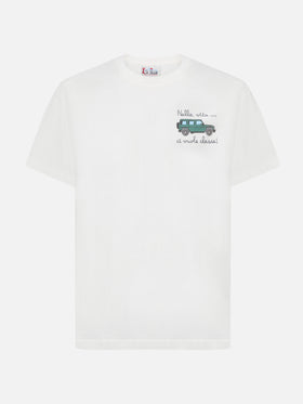 T-shirt Arnott in cotone bianco con ricamo macchina Nella vita ci vuole classe
