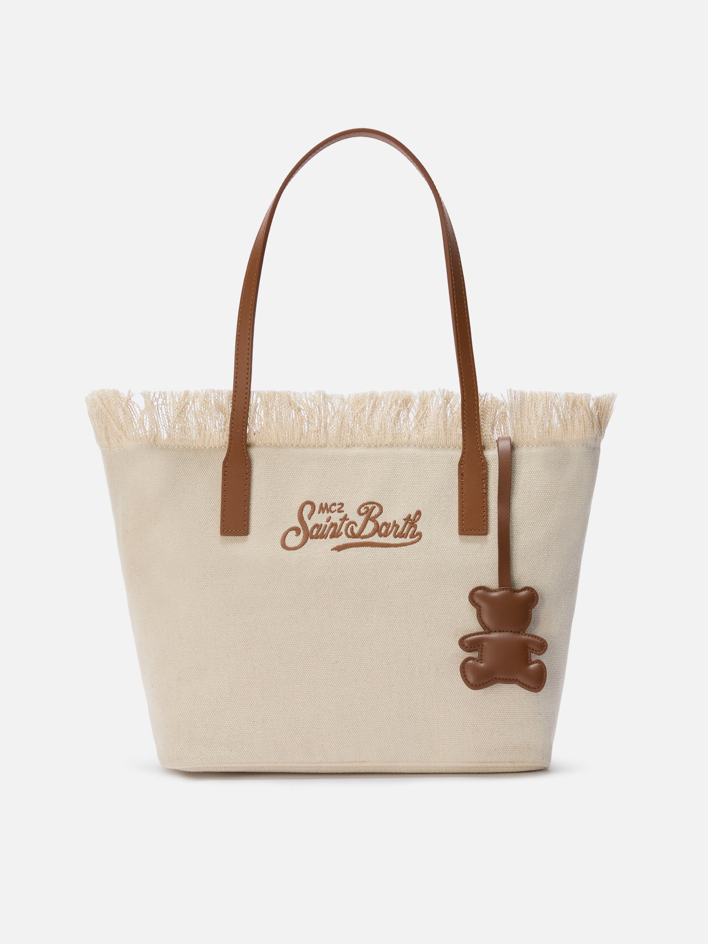 Bag charm a forma di orsetto in pelle liscia con targhetta logo