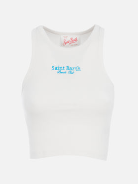 Woman rib-knit cotton crop tank with Saint Barth Beach Club embroidery - MC2 Saint Barth