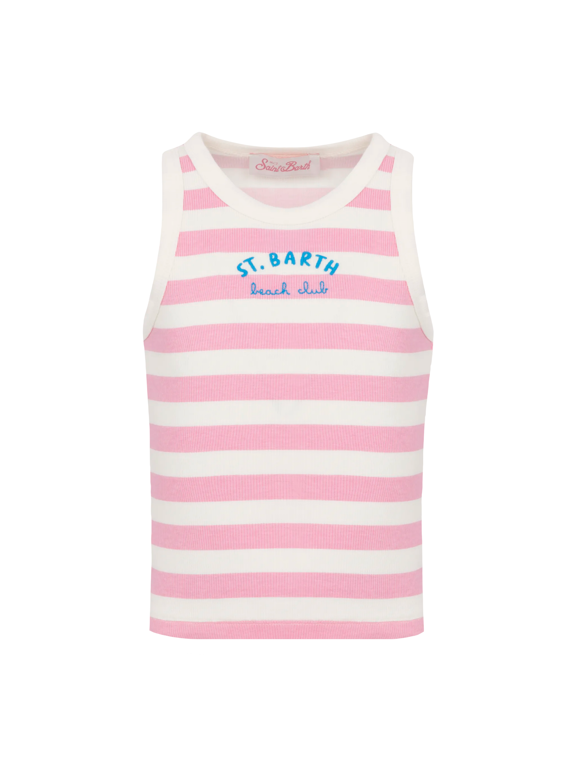 Blue Jr pink striped rib-knit cotton crop tank with embroidery - MC2 Saint Barth