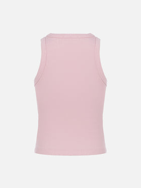 Blue Jr pink rib-knit cotton crop tank with embroidery - MC2 Saint Barth