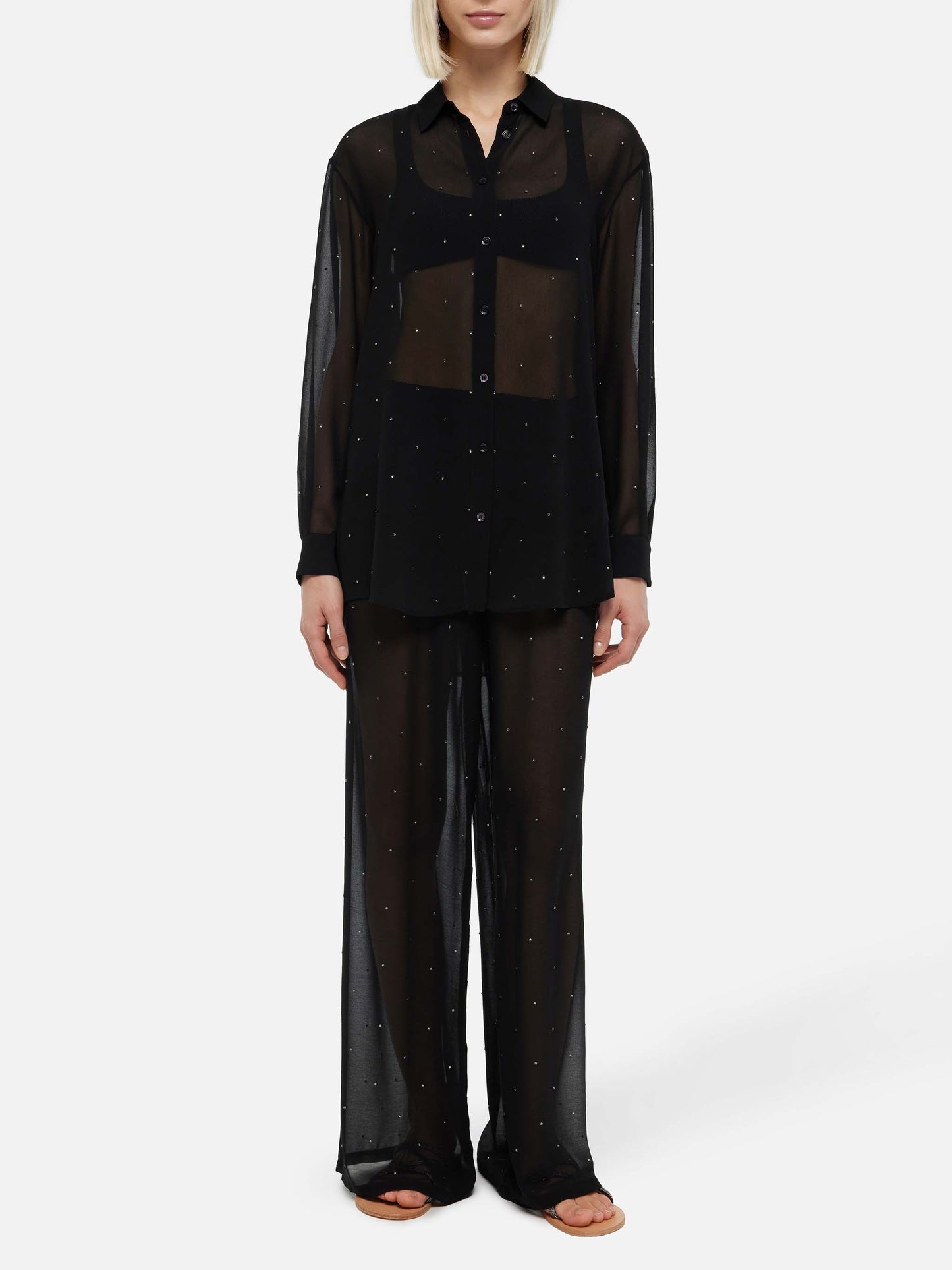 Brigitte black georgette shirt with rhinestone embellishments - MC2 Saint Barth