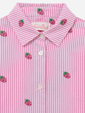 Mini Brigitte pink striped seersucker shirt with strawberry embroidery - MC2 Saint Barth