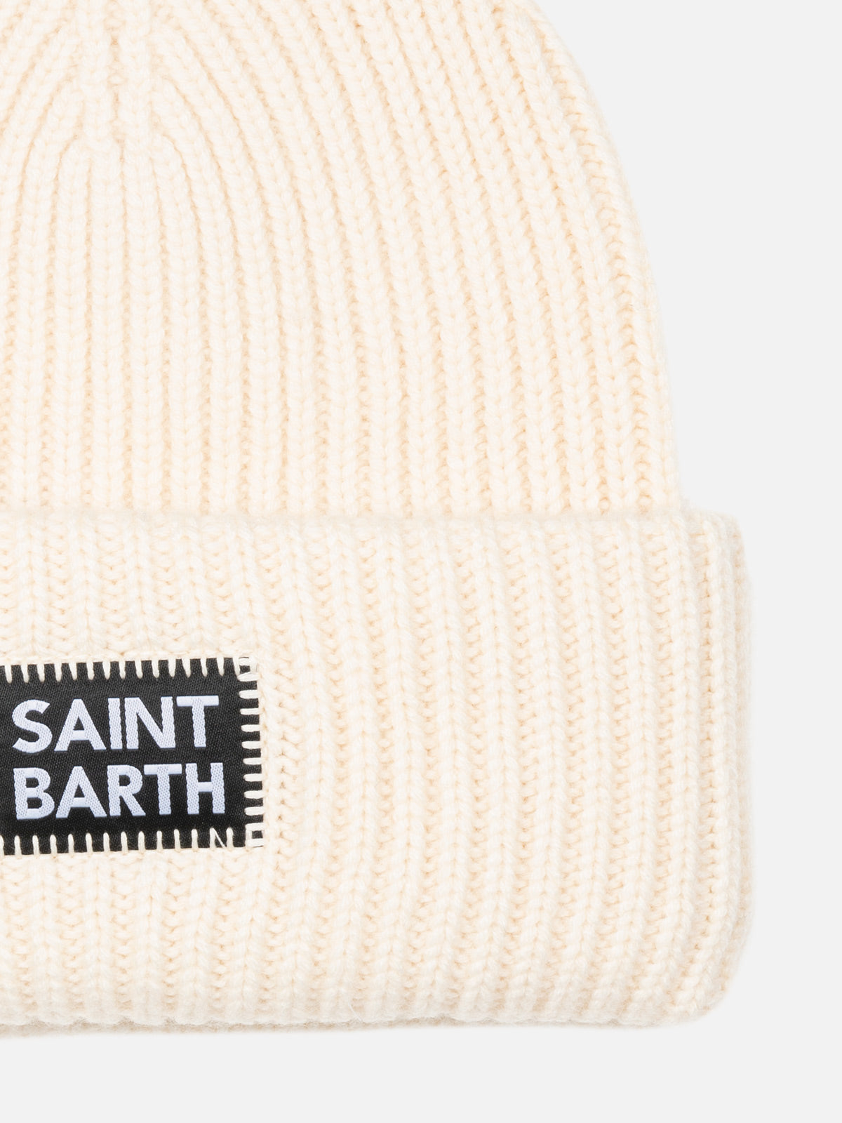 Weiße, beerenfarbene Rippstrickmütze für Kinder mit Saint Barth-Aufnäher