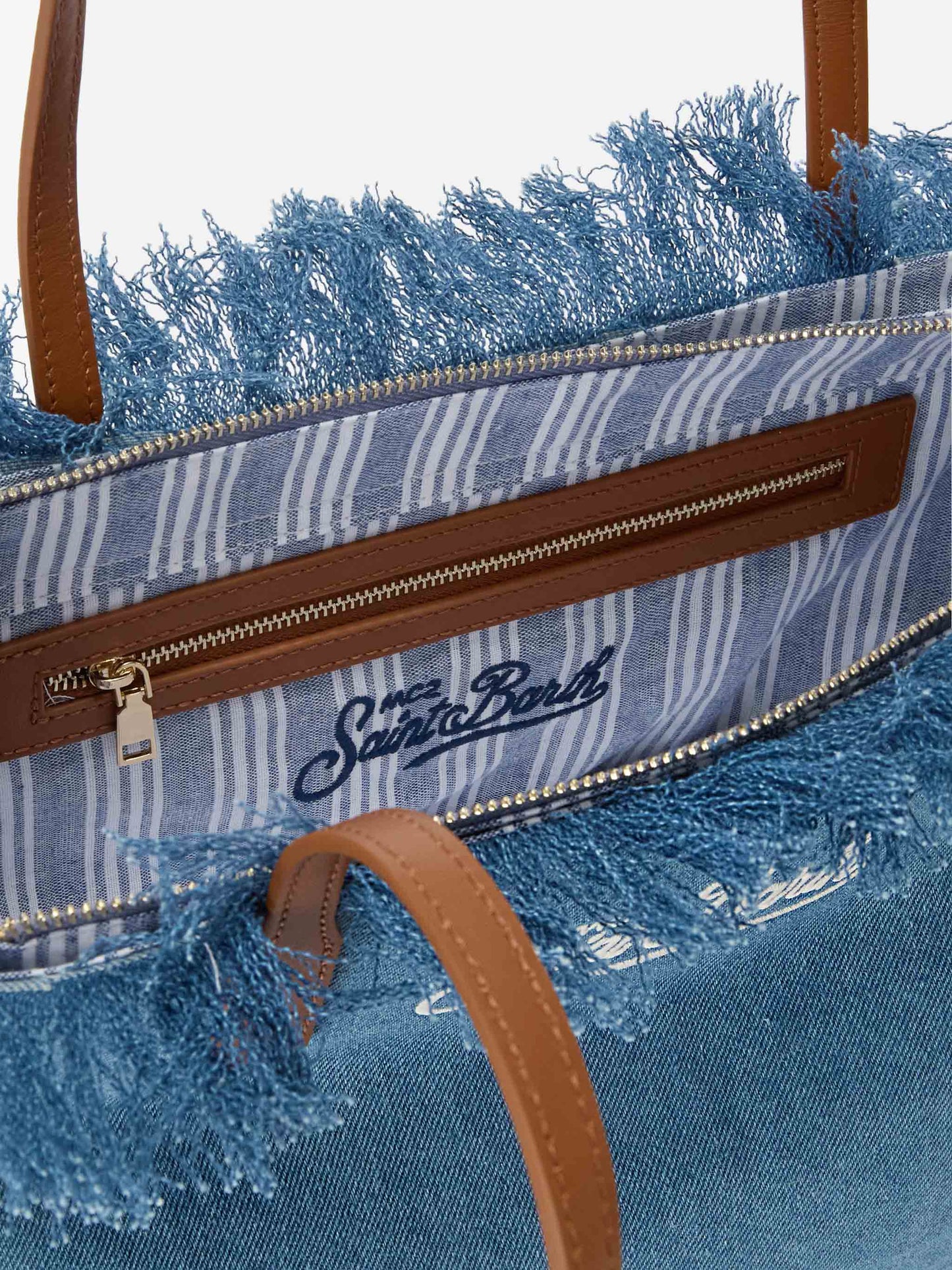 Medium City shopper bag in denim fabric with fringes
