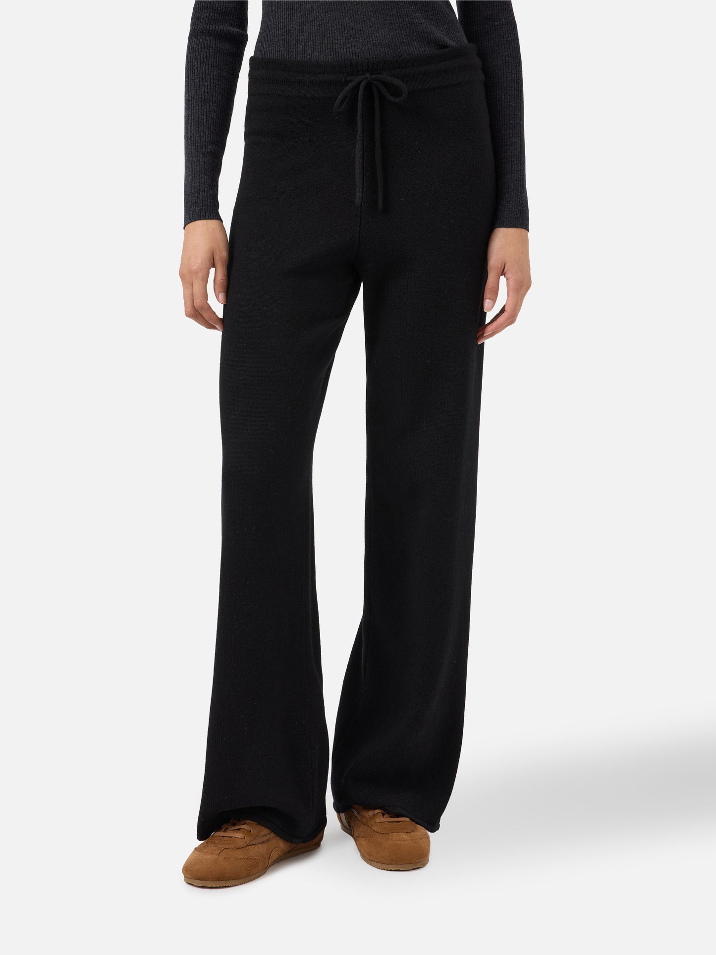 Cambon palazzo trousers in pure wool black high waist with drawstring