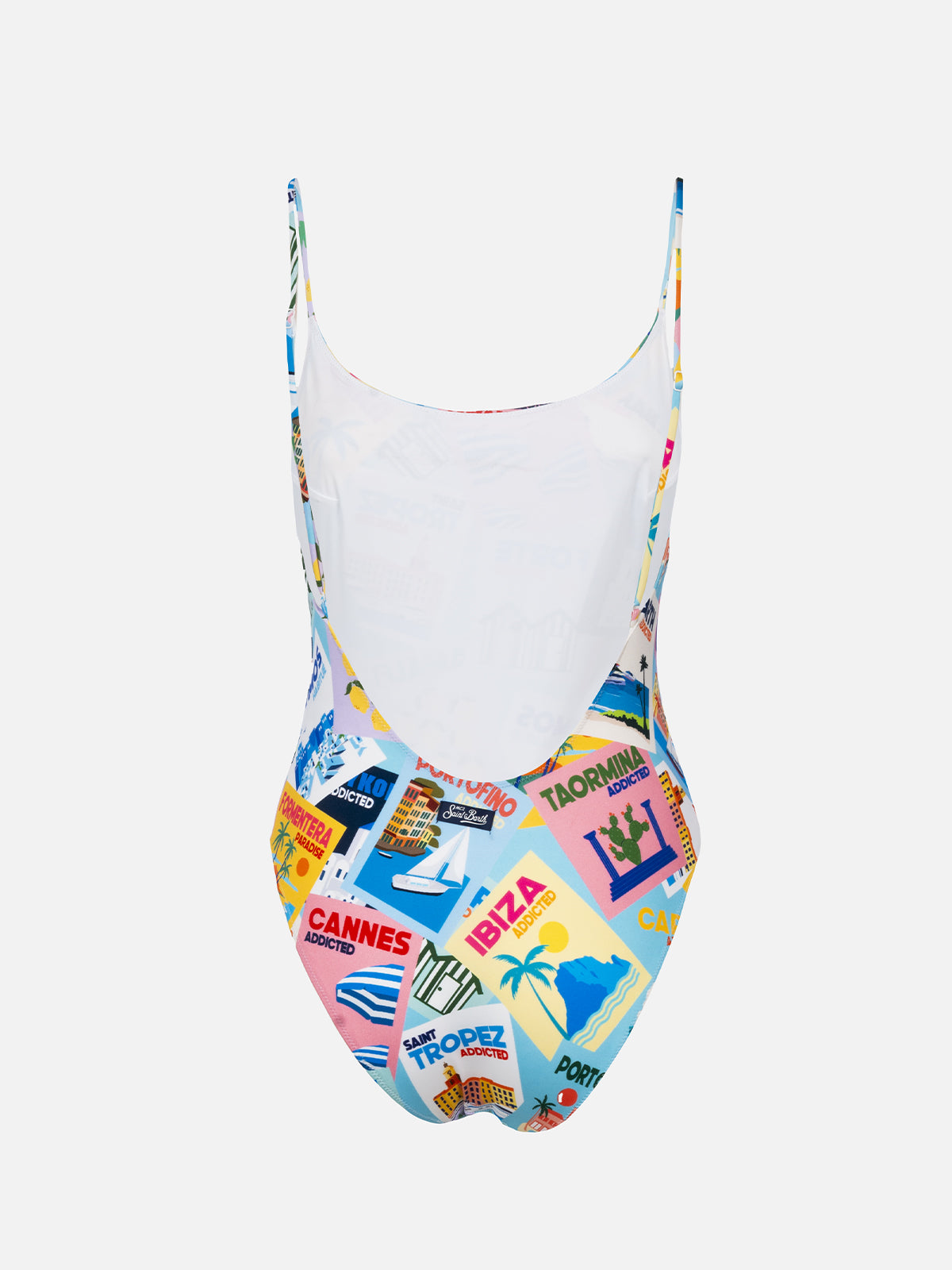 Woman one-piece swimsuit Cecille with postcards print