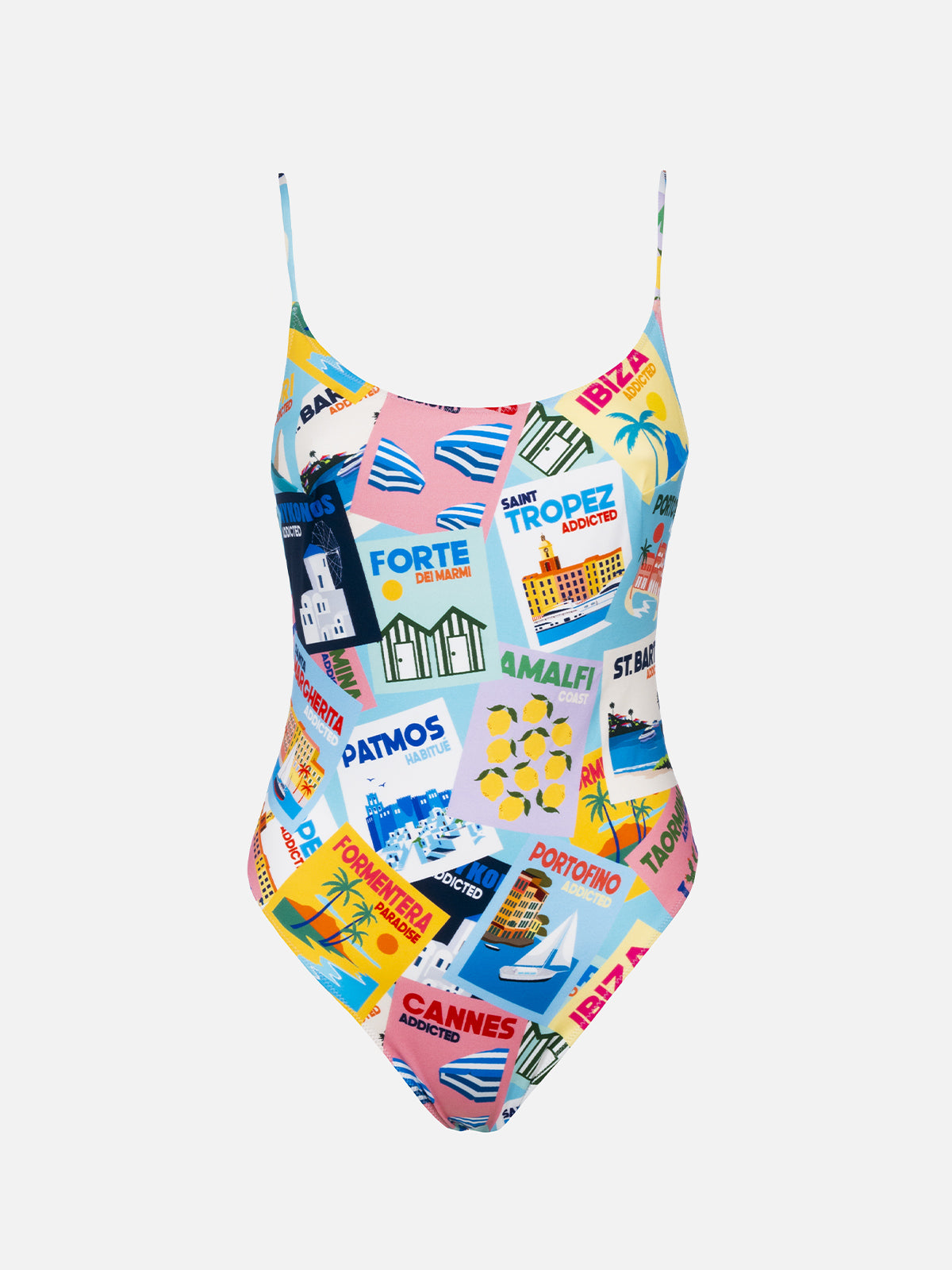 Woman one-piece swimsuit Cecille with postcards print