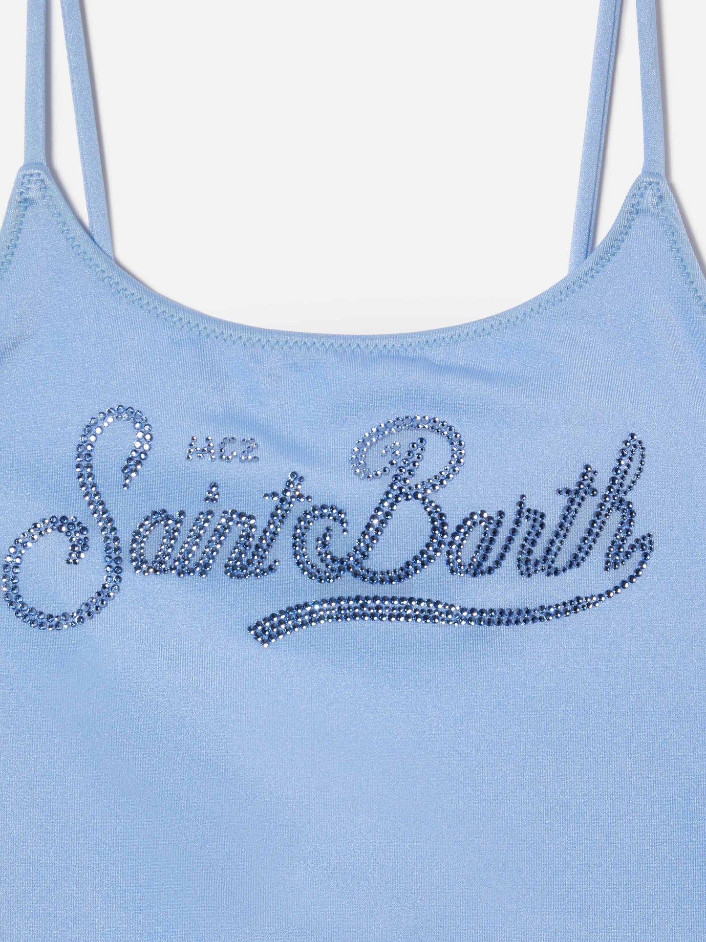 Cecille Jr one-piece swimsuit in glossy finish fabric with rhinestone logo