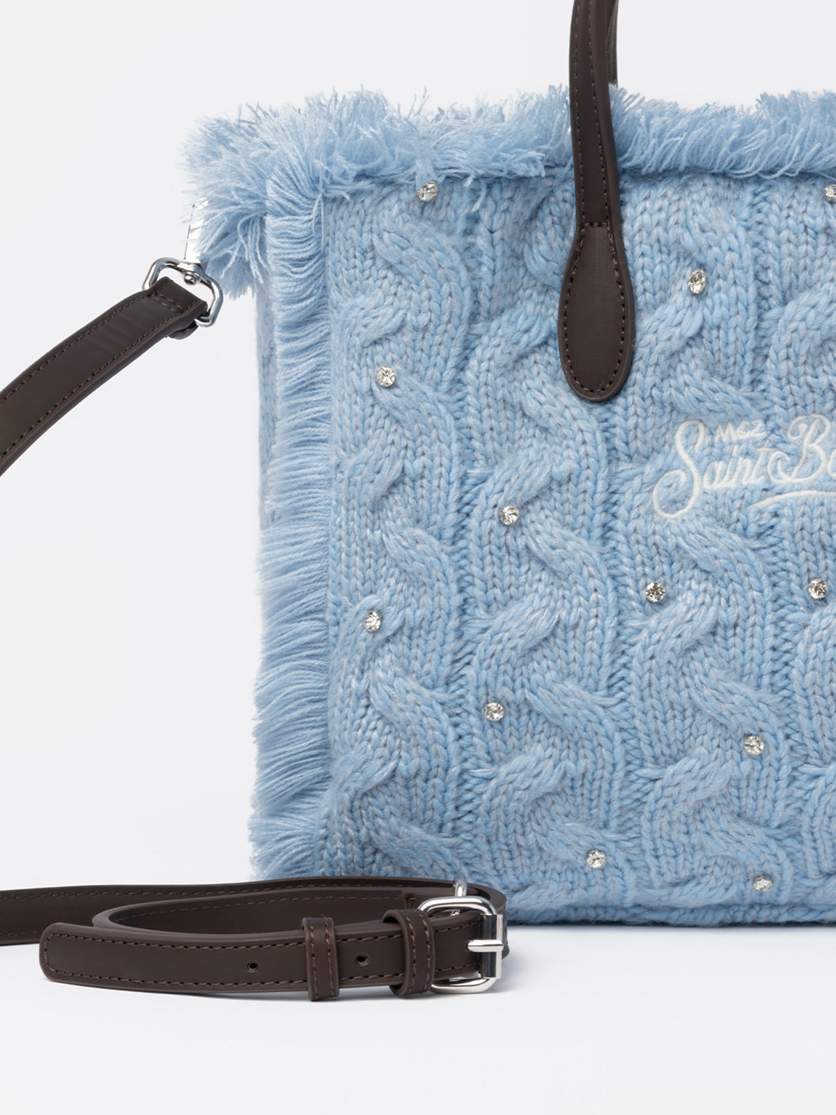 Light blue cable knit Colette handbag with rhinestones embellishment - MC2 Saint Barth