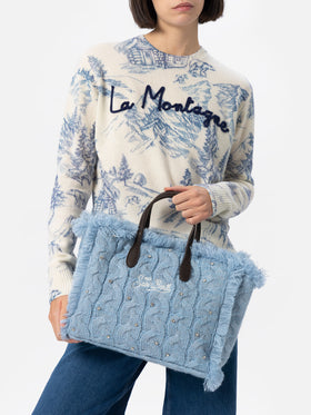 Light blue cable knit Colette handbag with rhinestones embellishment - MC2 Saint Barth