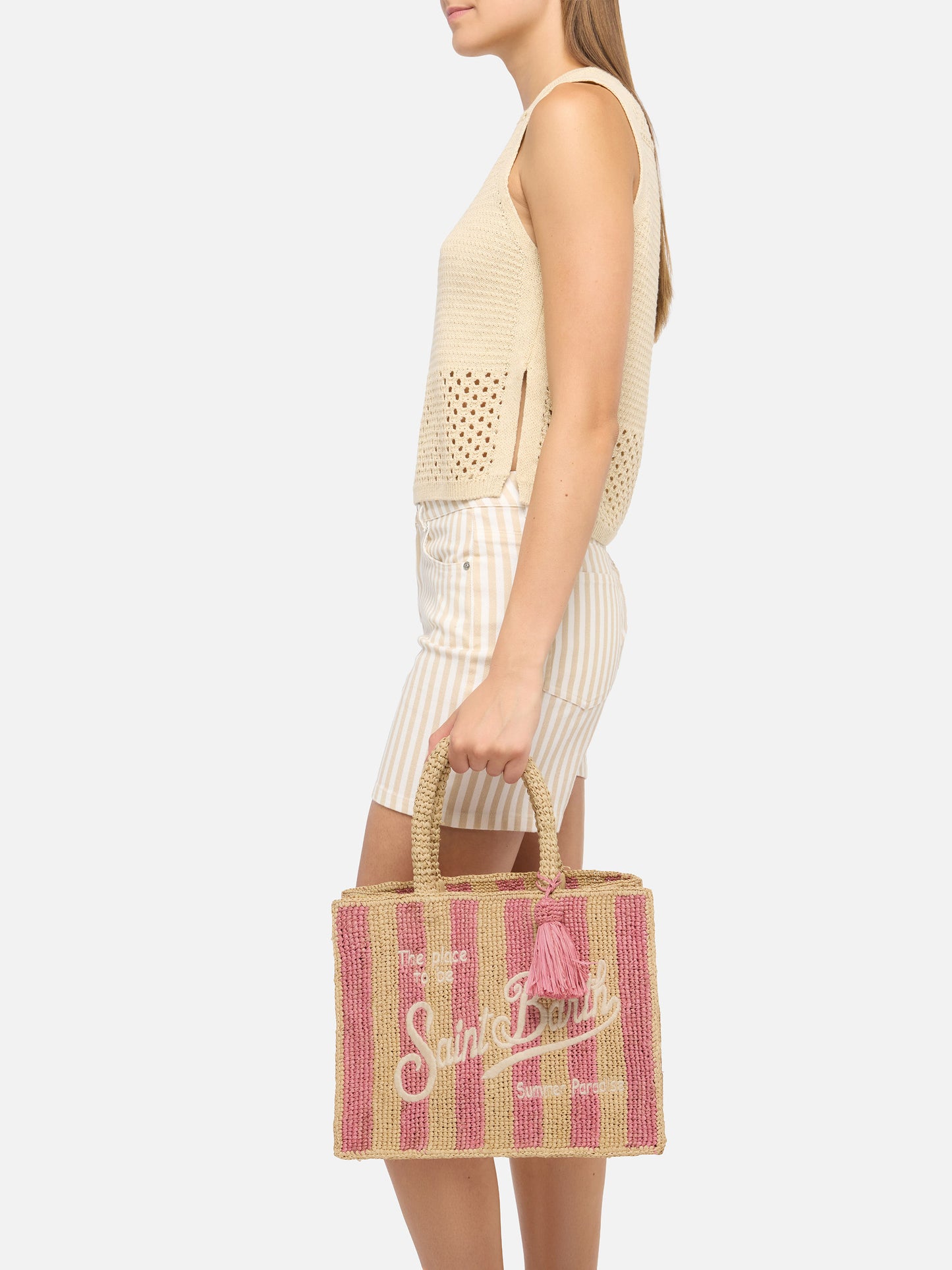 Colette Raffia pink striped handbag with logo embroidery