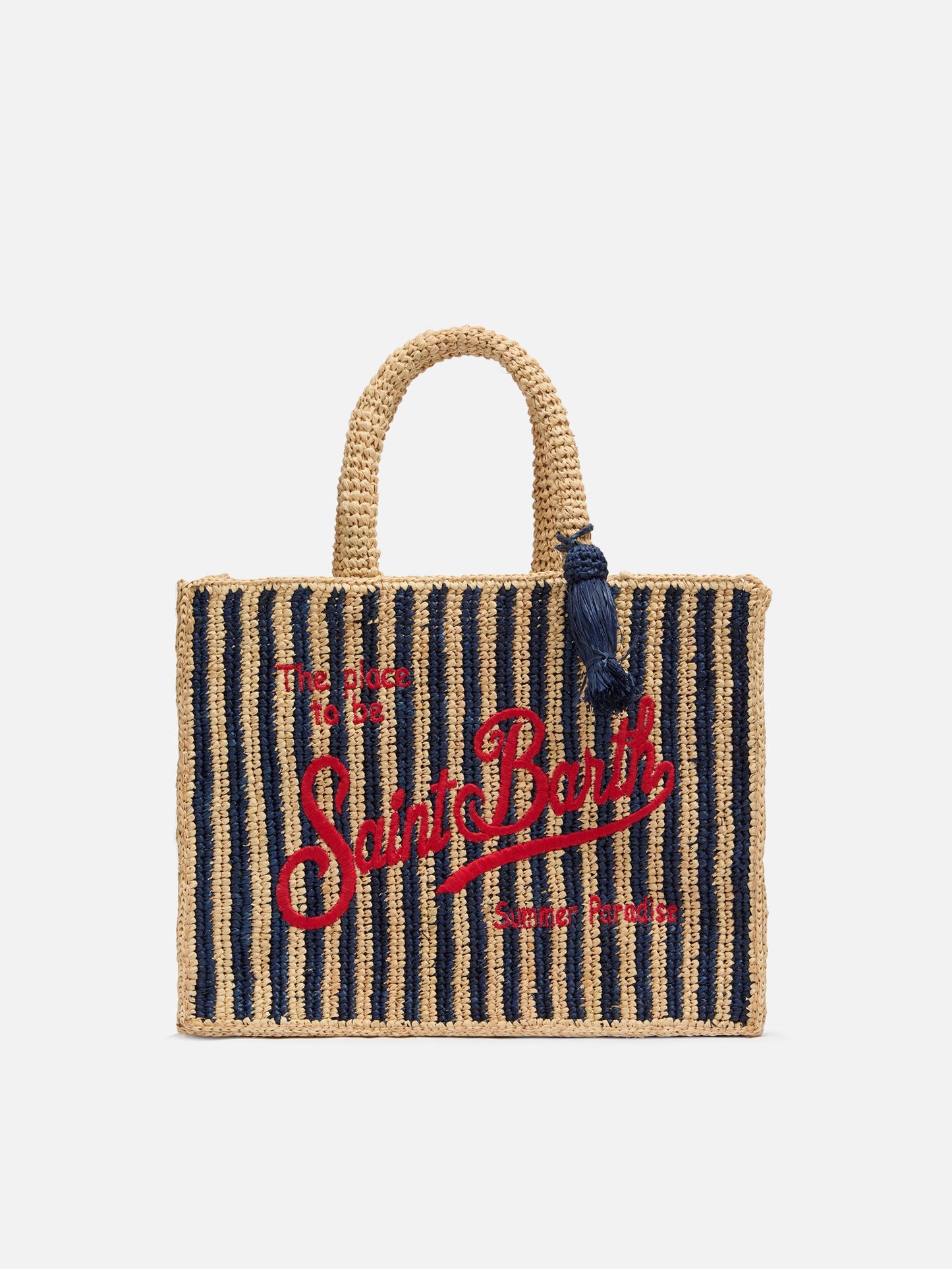 Colette Raffia navy blue striped handbag with logo embroidery