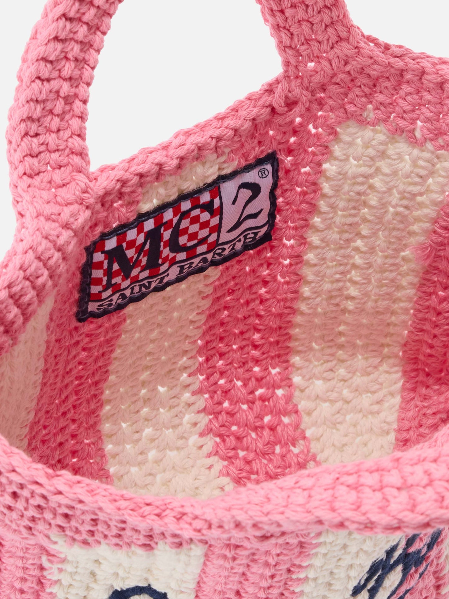 Borsa Crochet Mini a righe rosa con logo ricamato