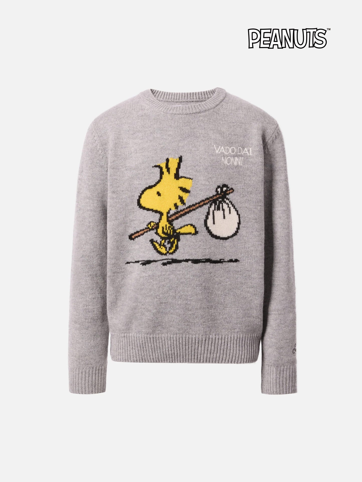 Maglione Douglas  in misto cashmere con stampa Woodstock e ricamo Vado dai Nonni | PEANUTS SPECIAL EDITION