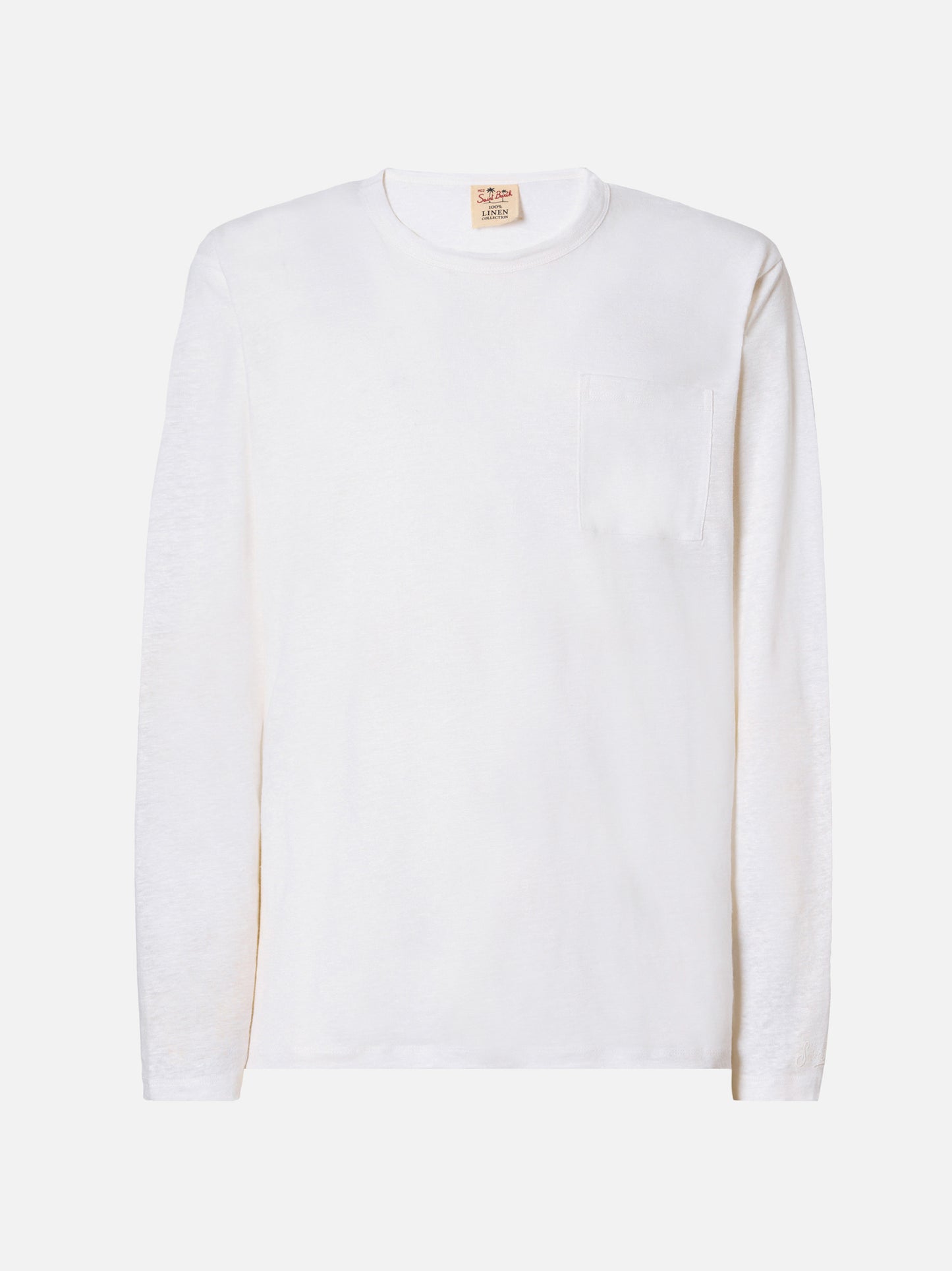 Weißes Herren-T-Shirt aus Leinenjersey mit Ecstasea-Motiv und Tasche