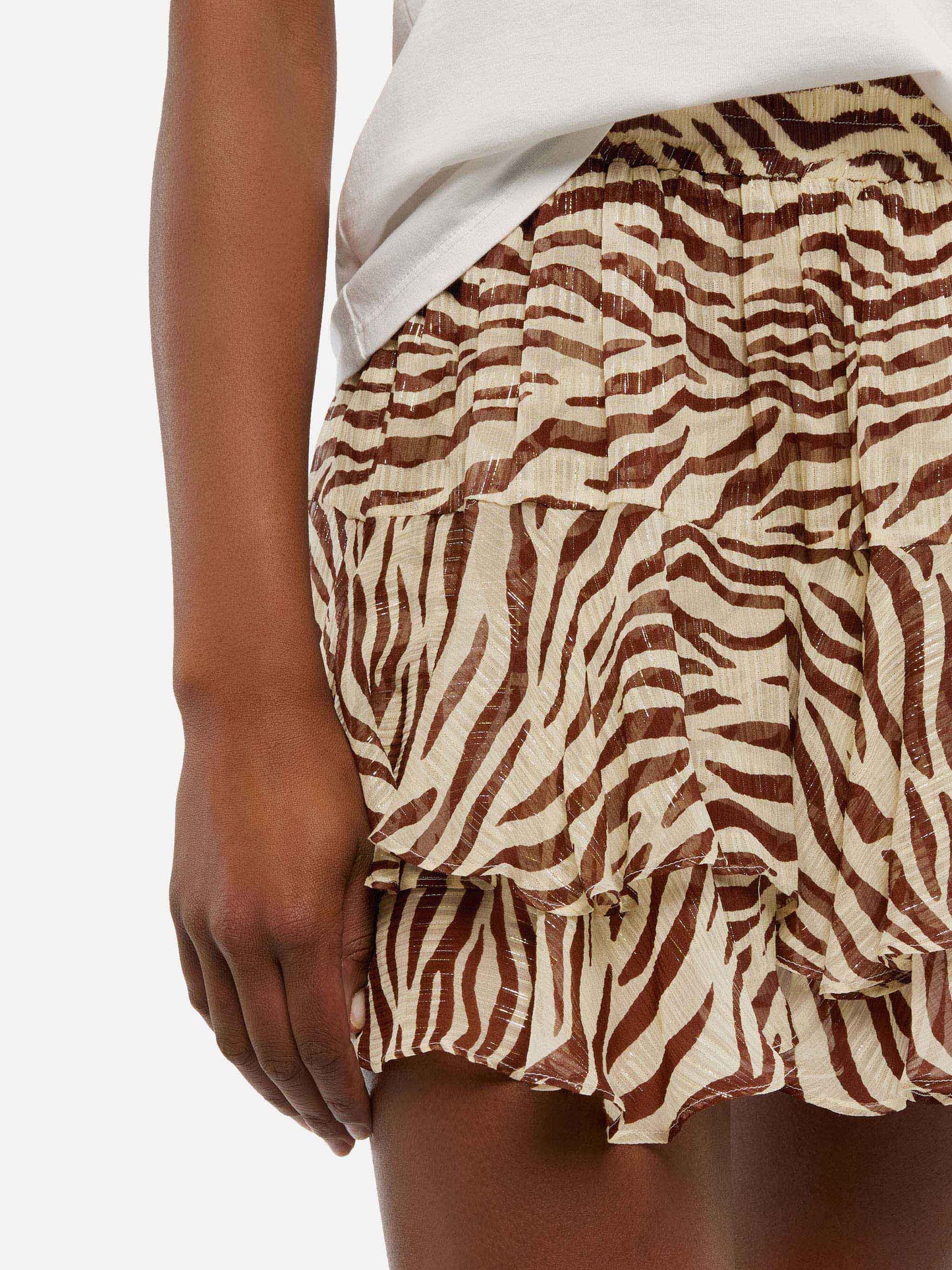 Eivissa ruffled mini skirt in lurex silk voile with animalier print