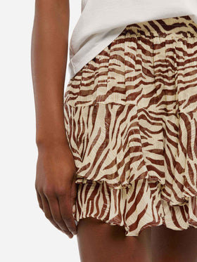 Eivissa ruffled mini skirt in lurex silk voile with animalier print