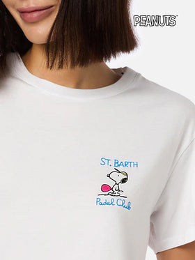 Rosafarbenes Rundhals-T-Shirt Emilie aus Baumwolljersey für Damen mit Snoopy St. Barth Padel Club-Stickerei | SNOOPY PEANUTS SPECIAL EDITION