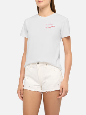 Emilie cotton t-shirt with Il week-end è di-vino embroidery