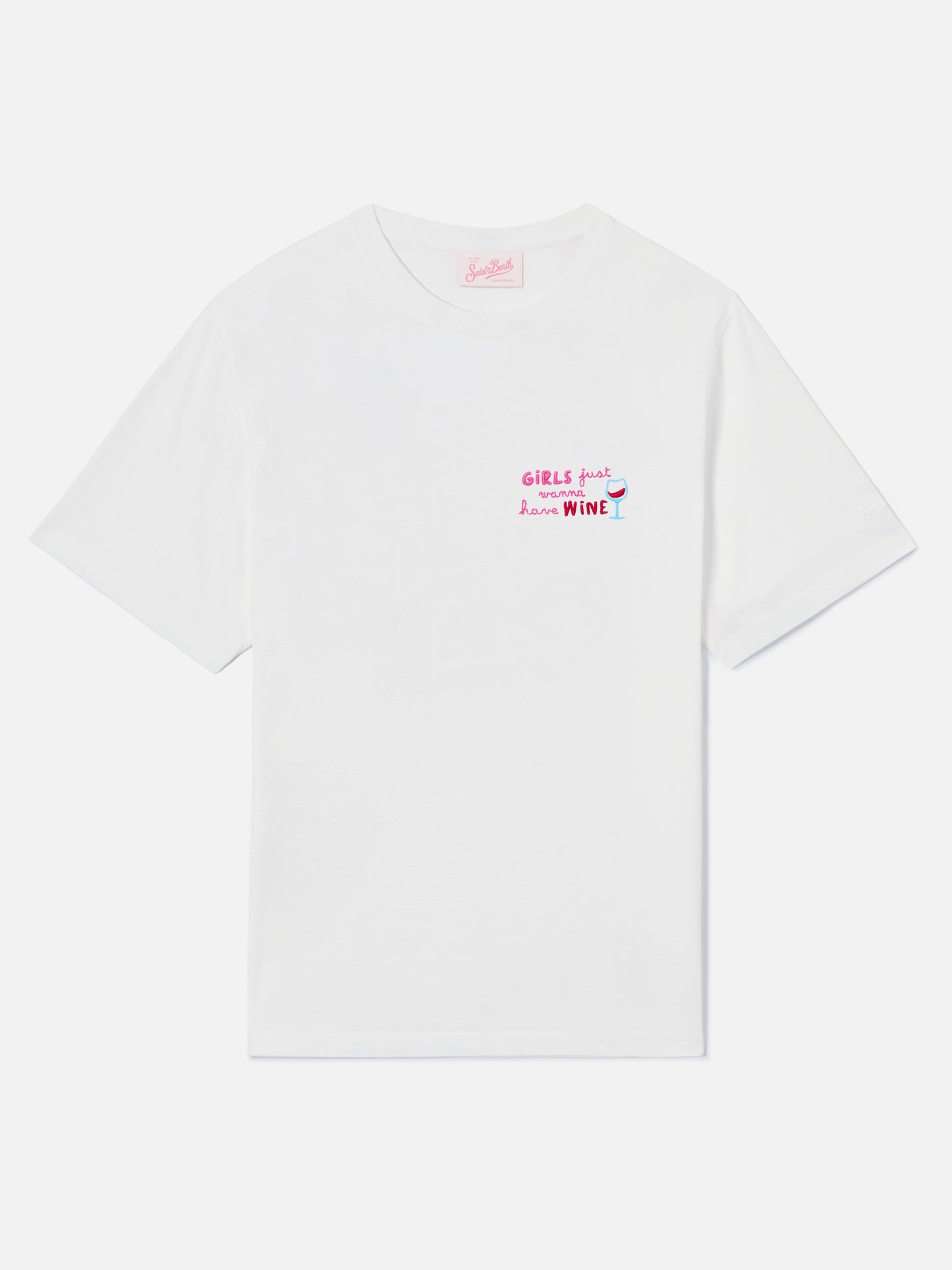 Weißes Emilie T-Shirt mit „Girls Just Wanna Have Wine“-Stickerei