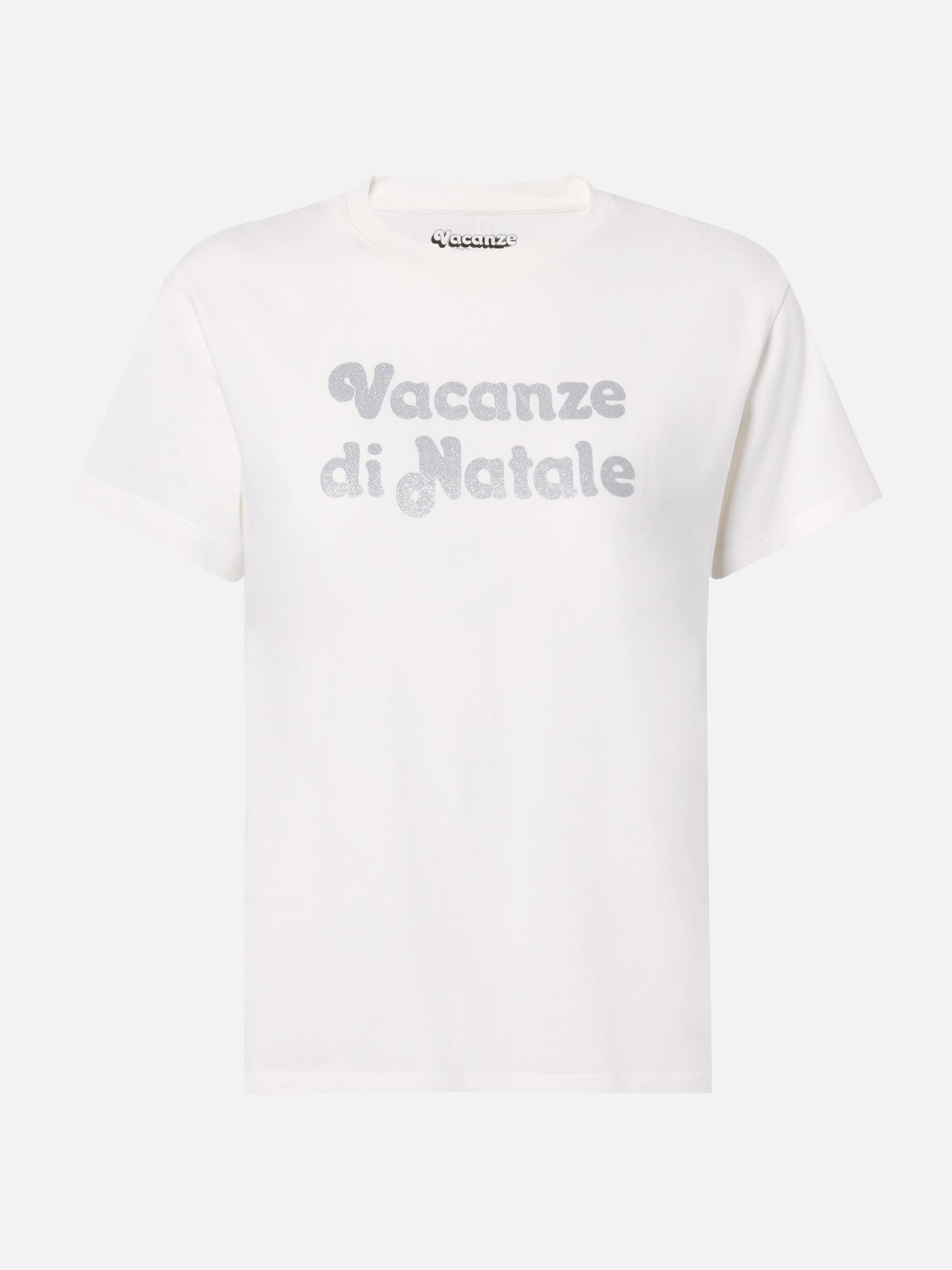 Emilie cotton T-shirt in white with Vacanze di Natale silver glitter print | VACANZE DI NATALE SPECIAL EDITION