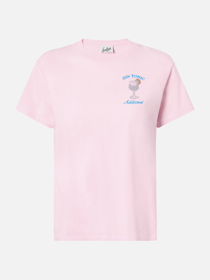 Emilie cotton T-shirt in pink with Gin Tonic addicted rhinestone appliqué