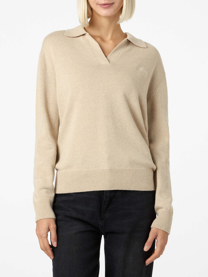 Woman beige cashmere blend sweater Eze with polo collar - MC2 Saint Barth