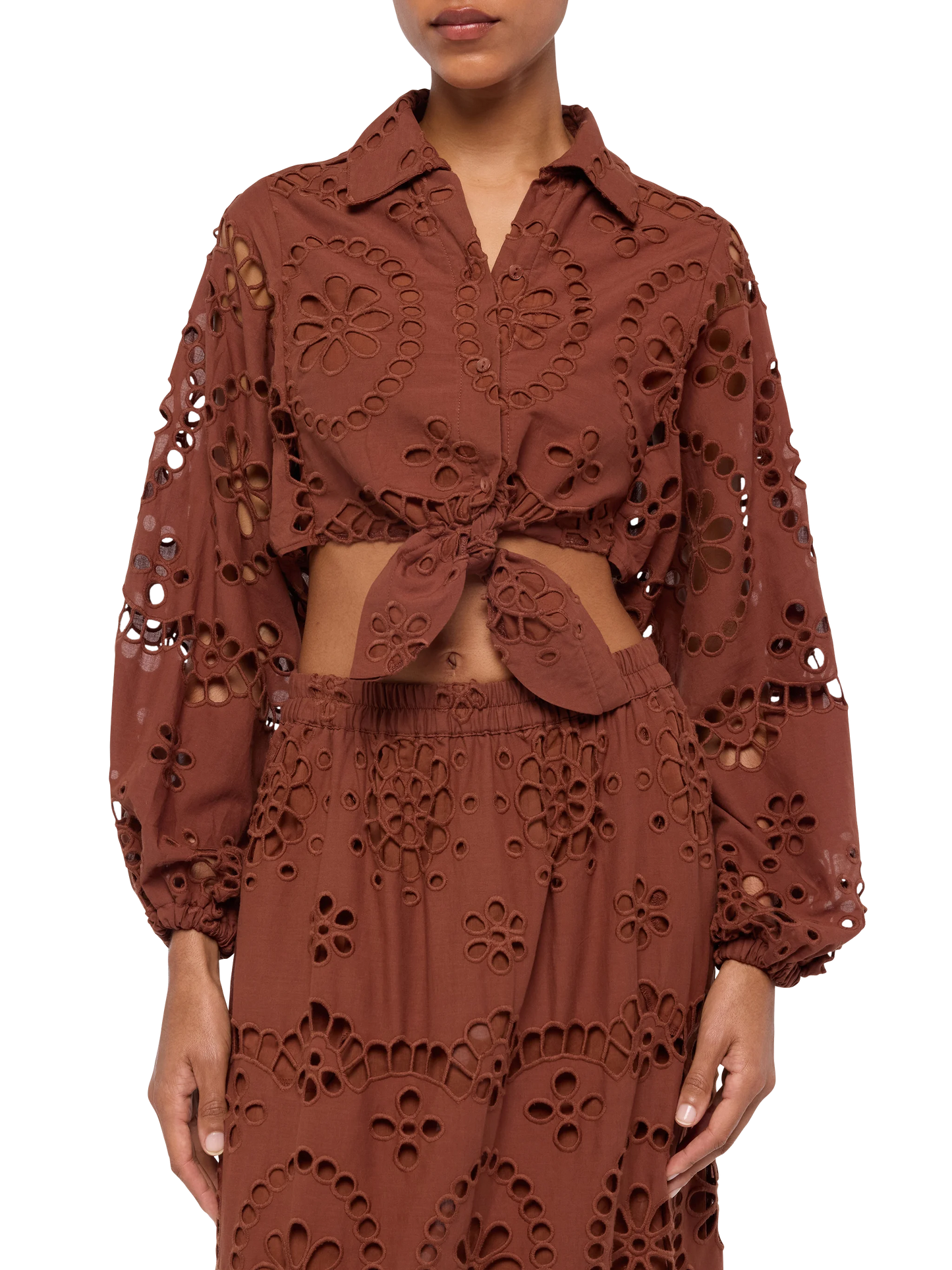 Febe camel brown cotton Sangallo lace shirt - MC2 Saint Barth
