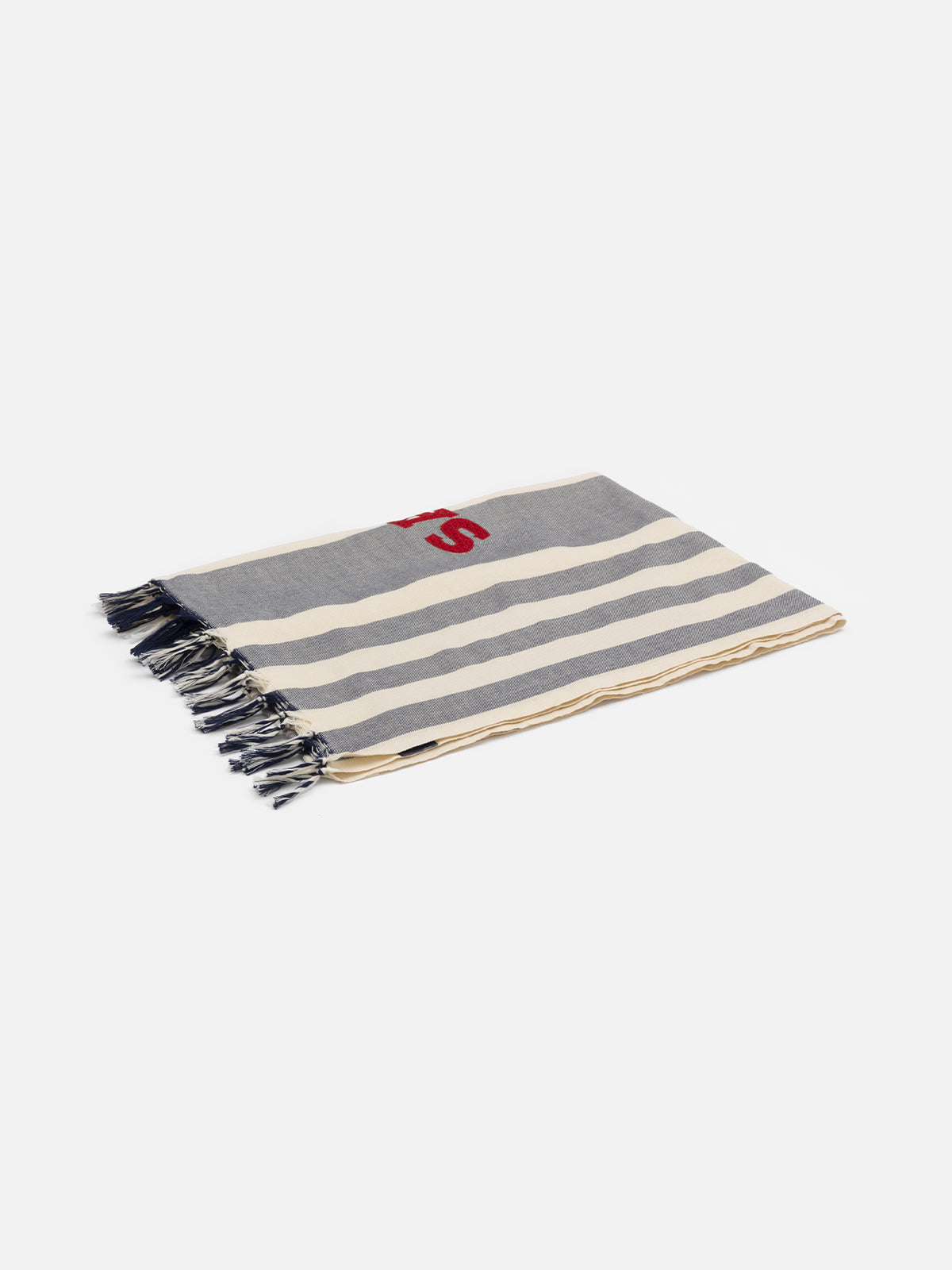Leichtes Baumwoll-Strandtuch Fouta mit marineblauem Streifendruck und Stickerei