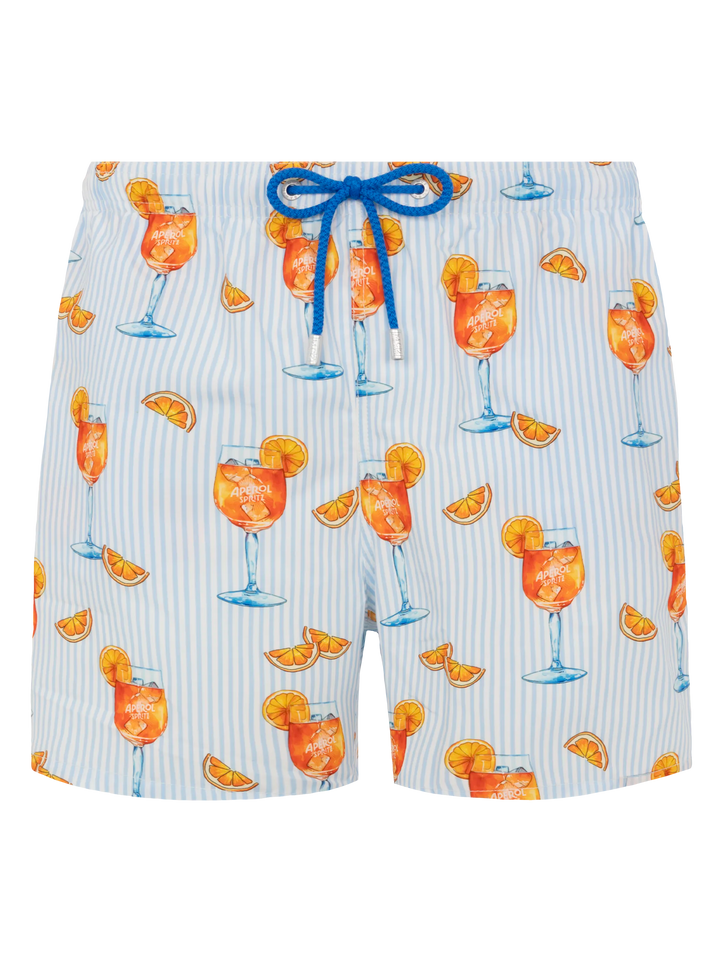 Mid-length Gustavia swim-shorts with Aperol Spritz and stripes print | APEROL SPECIAL EDITION - MC2 Saint Barth