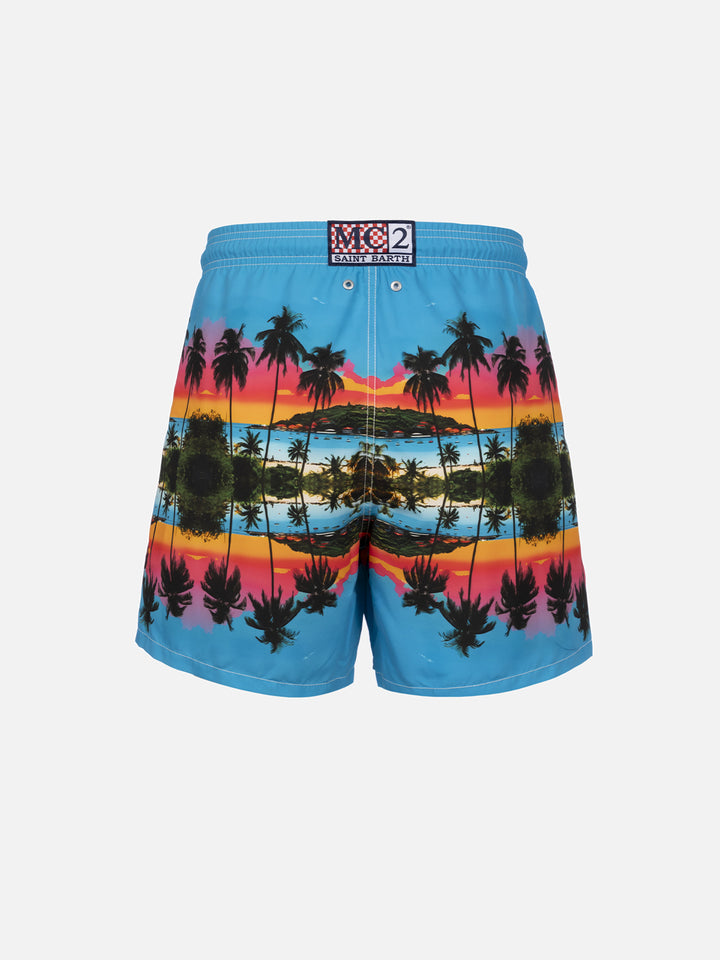 Man mid-length Gustavia swim-shorts with palms landscape placed print | AI CO-CREATED DESIGN BY RICKDICK - POWERED BY RED-EYE - MC2 Saint Barth