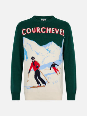 Man green sweater Heron with Courchevel skiers postcard print - MC2 Saint Barth