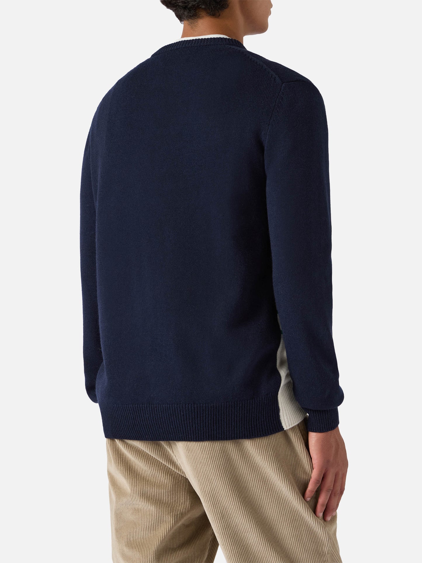 Heron sweater in blue with Cortina postcard jacquard