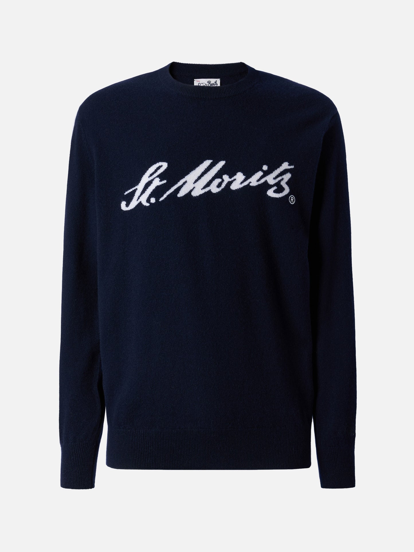 Heron Light Pullover aus 100 % blauem Kaschmir mit St. Moritz Intarsien | ST. MORITZ TOP OF THE WORLD