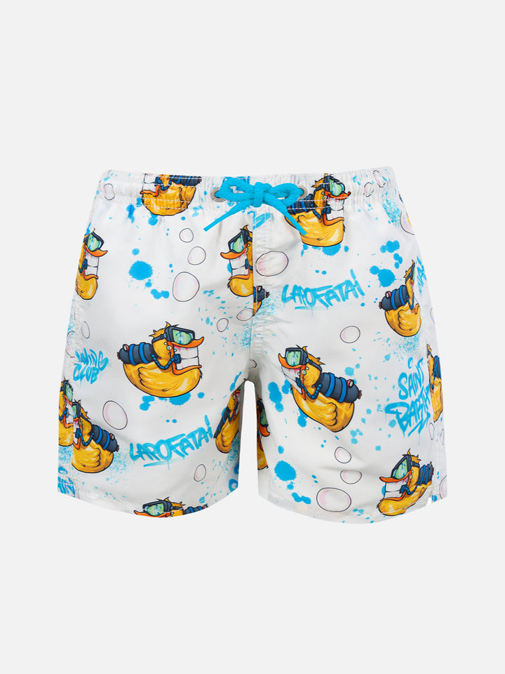 Boy mid-length Jean swim-shorts with Crypto Ducky print | CRYPTOPUPPETS SPECIAL EDITION - MC2 Saint Barth
