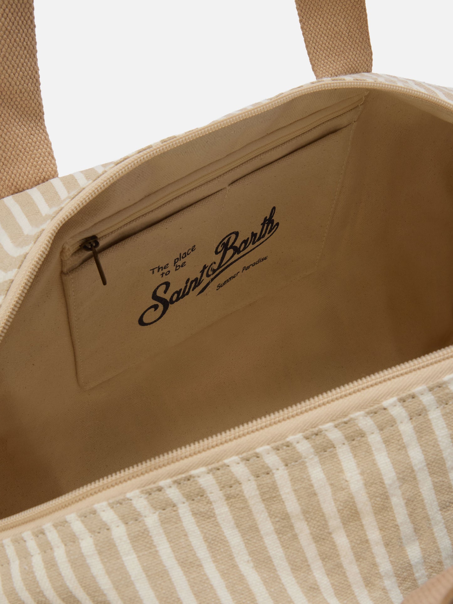 Runder Jetleg Weekender aus gestreiftem Leinen in Beige und Weiß