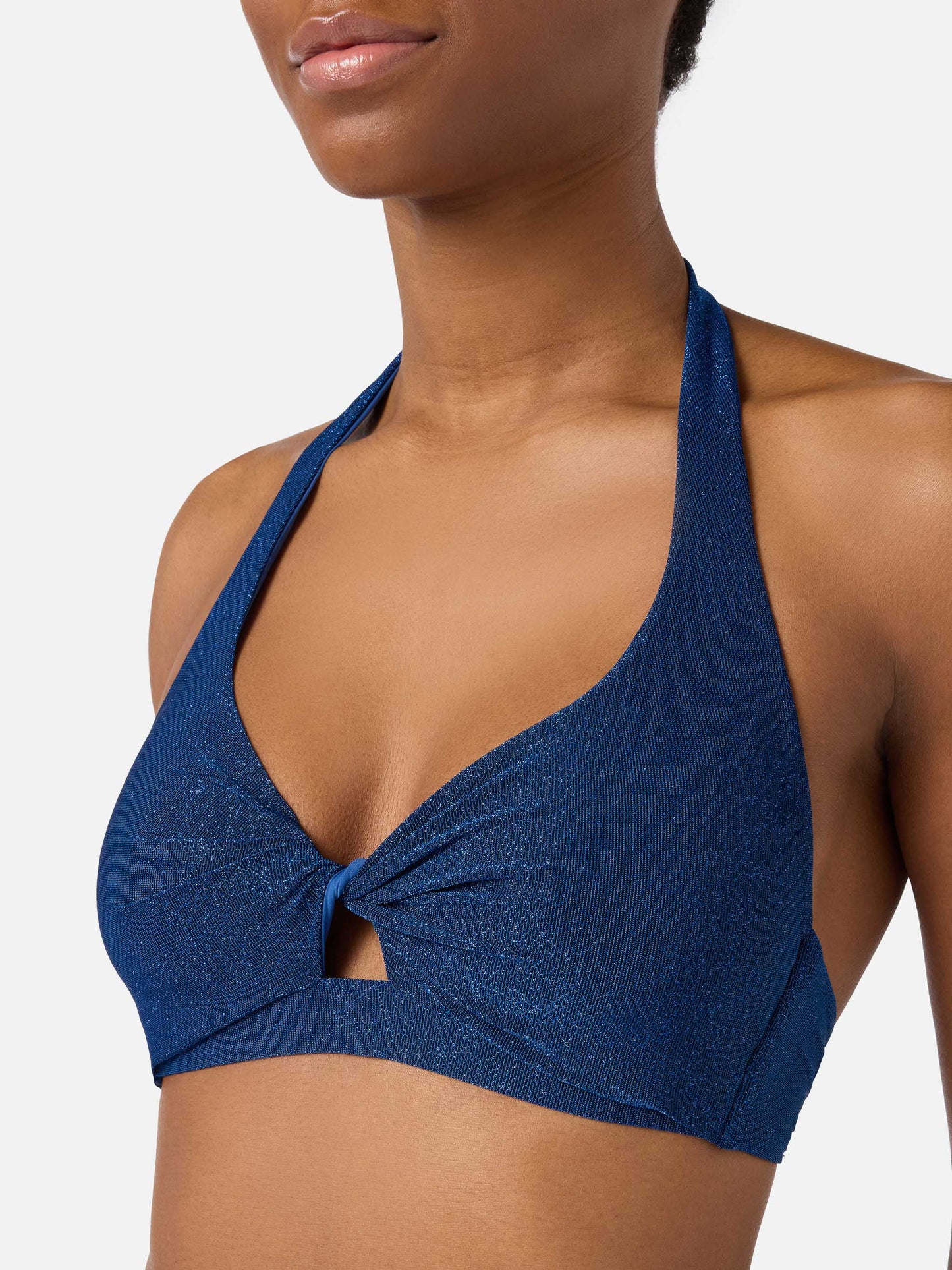 Leda bralette bikini top in blue lurex with cut-out detail