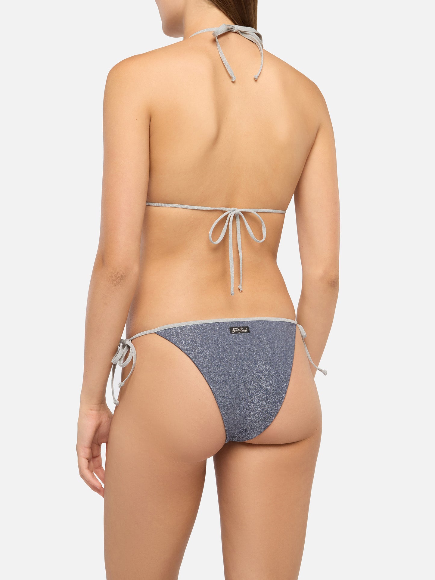 Marielle avio blue lurex classic swim briefs with silver piping - Leah avio blue lurex triangle top with silver piping