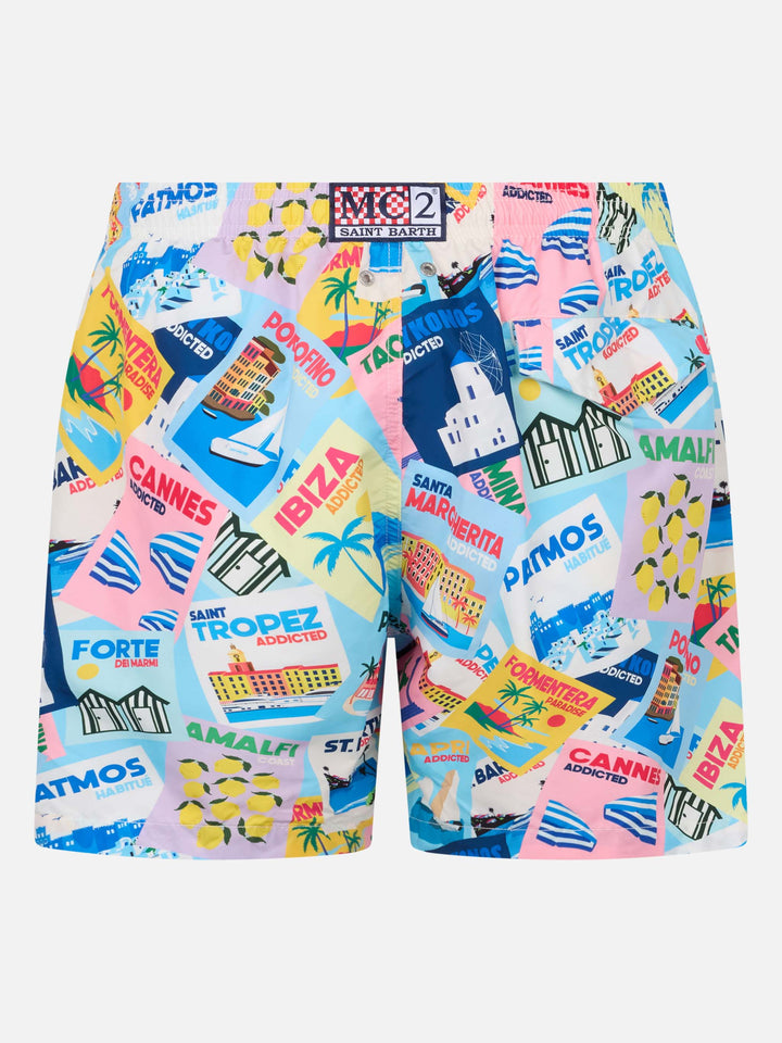 Lightweight fabric swim shorts Lighting with postcards print - MC2 Saint Barth